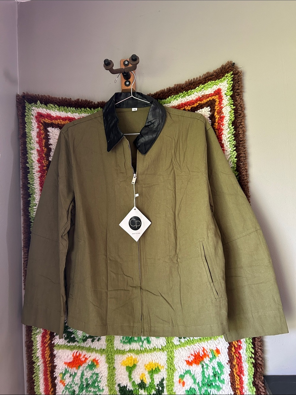 army green black leather collar zip utility jacket